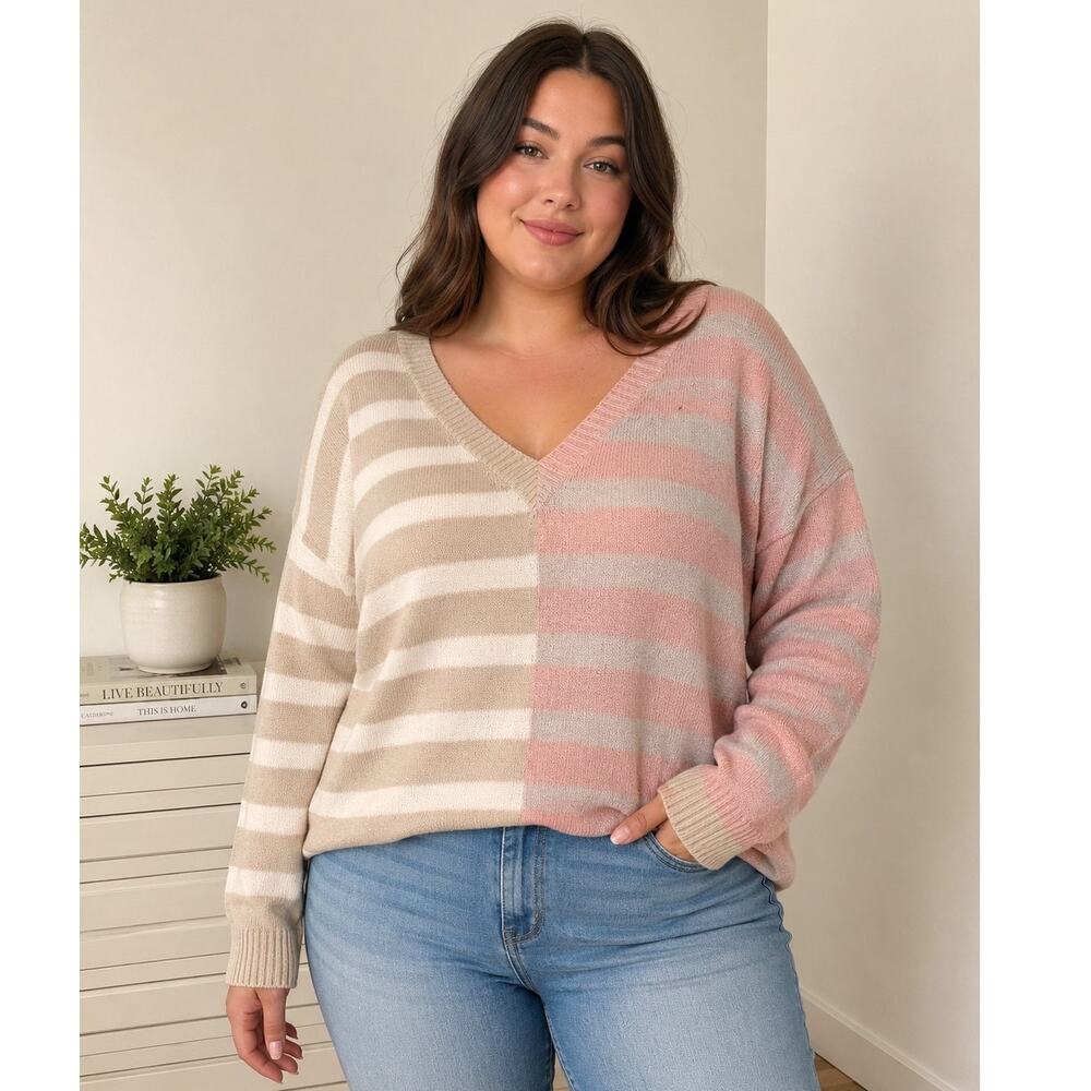 Torrid Sweater Women's Size 0 Large Pink Stripe Preppy Twee V-Neck Lightweight